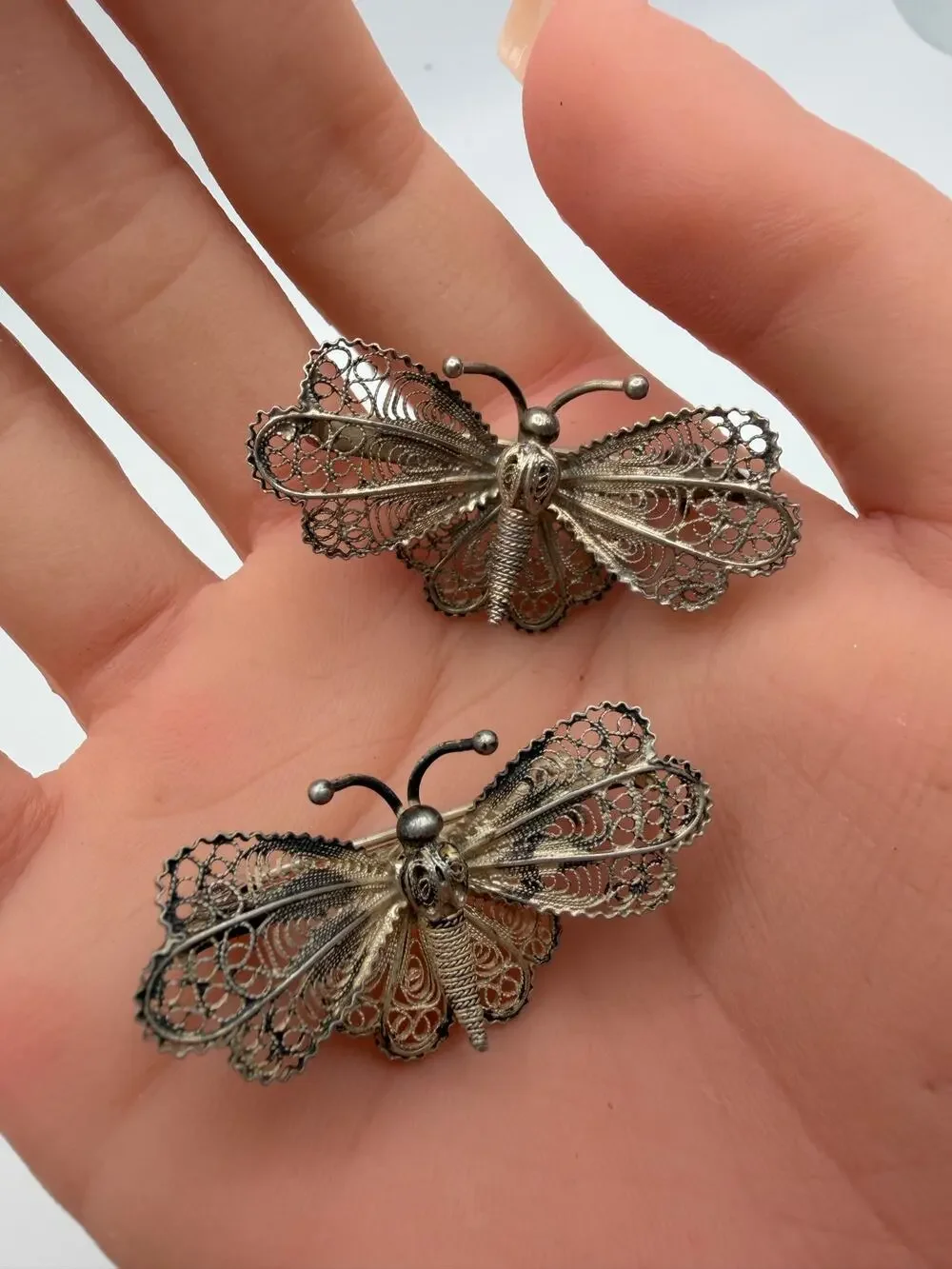 2 Vintage 800 Italian Silver Filigree Butterfly Brooch
